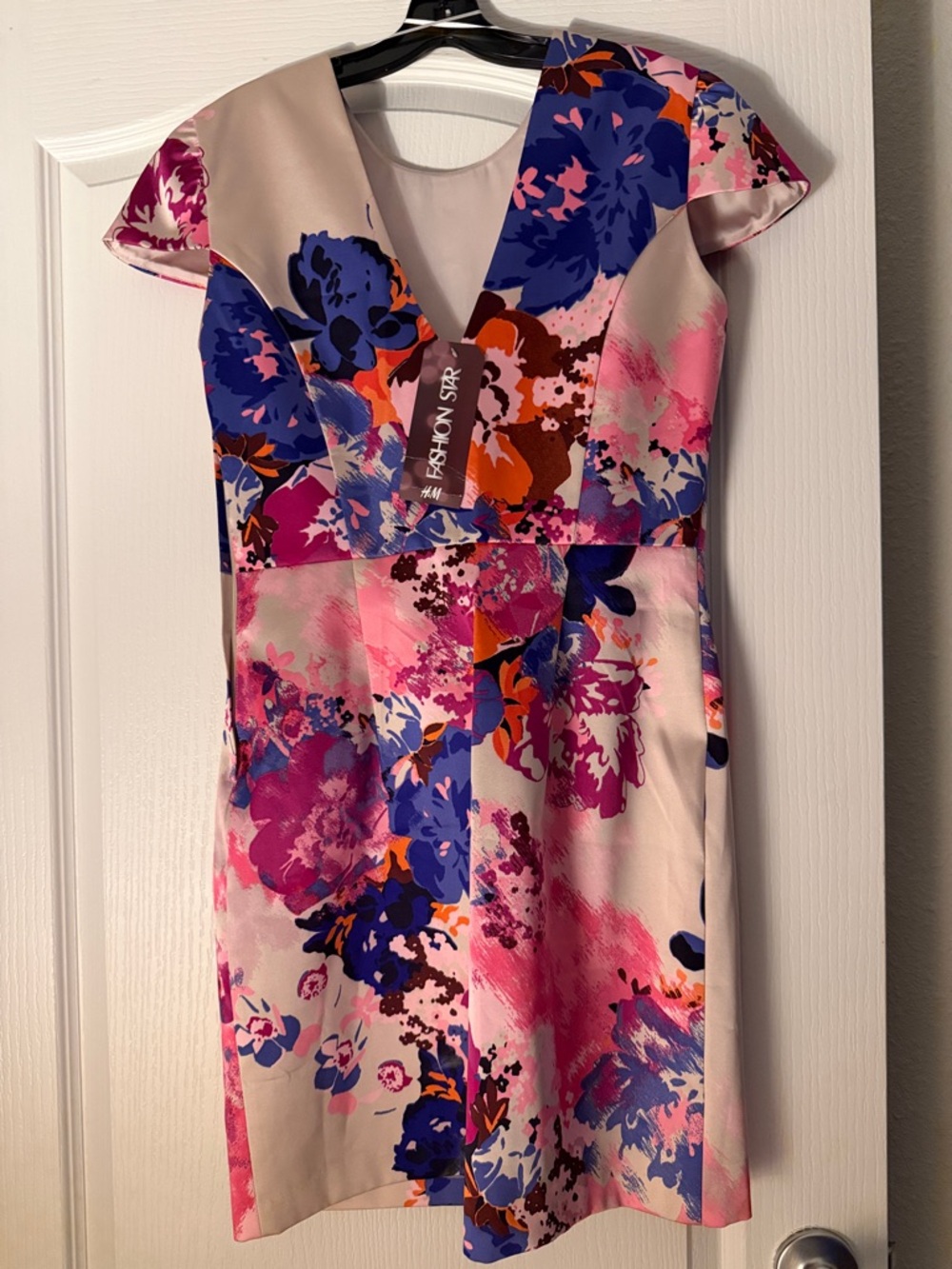 New H&M Floral V-Neck Sheath Dress - Pink, Blue & Orange Sz Xs.